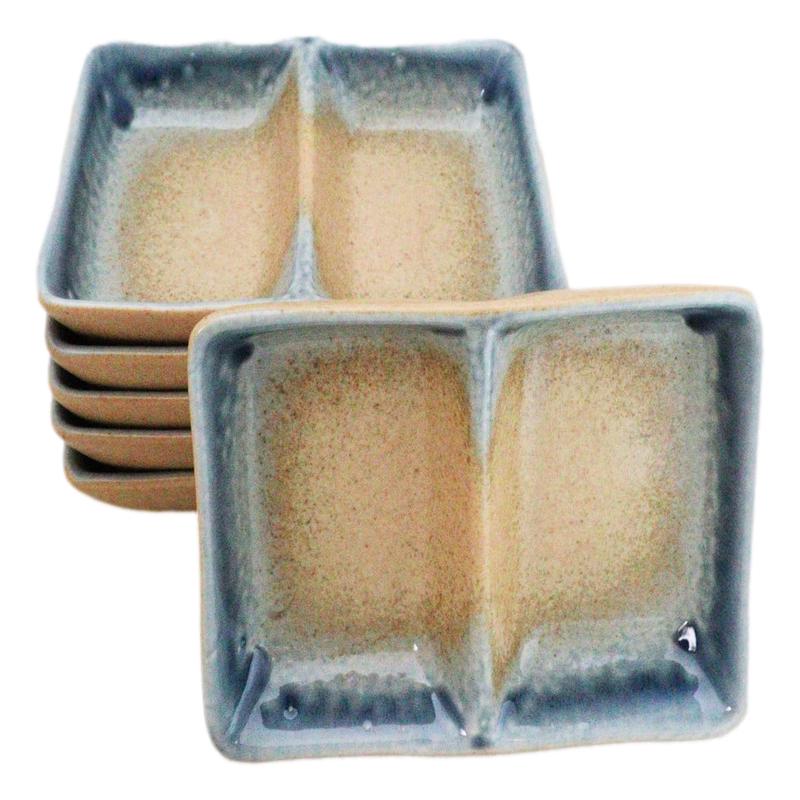 Pack Of 6 Ceramic Ao Nagashi Soy Sauce Or Condiment Dishes With 2 Compartments