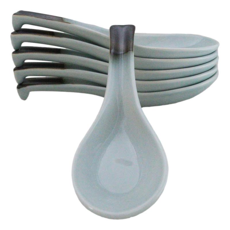 Pack of 6 Seikai Blue Sky Collection Ceramic Asian Soup Spoons With Hook 5.75"L