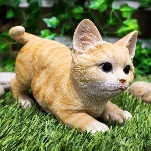 Pet Pal Playful Crouching Feline Orange Tabby Cat Kitten Figurine W/ Glass Eyes