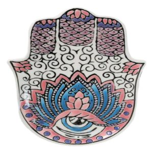 Pink Chakra Hamsa Palm Mandala and Evil Eye Ceramic Dish Brass Incense Holder