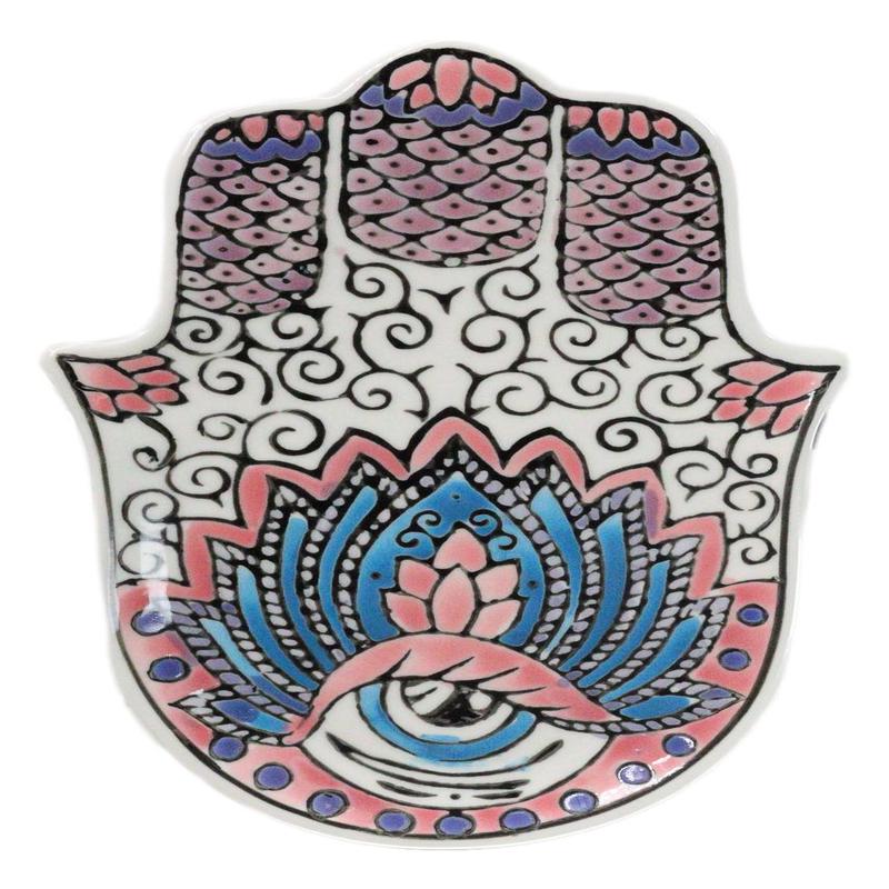 Pink Chakra Hamsa Palm Mandala and Evil Eye Ceramic Dish Brass Incense Holder