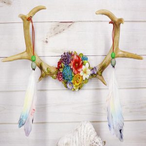 Rustic 8 Point Stag Deer Antlers Flowers And Feathers Rack Wall Hooks Plaque