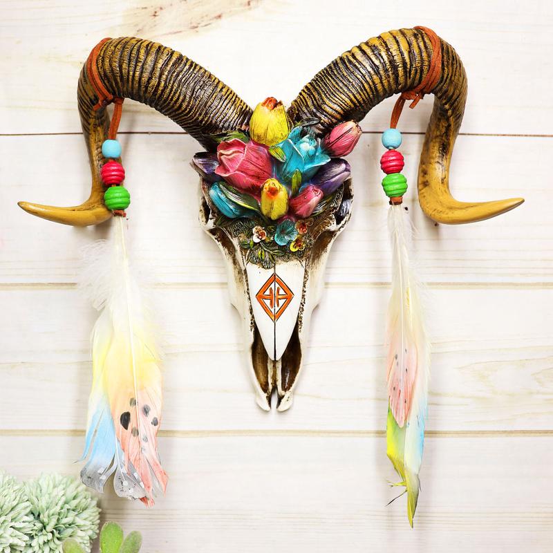 Rustic Corsican Ram Skull With Flowers And Dreamcatcher Feathers Wall Decor