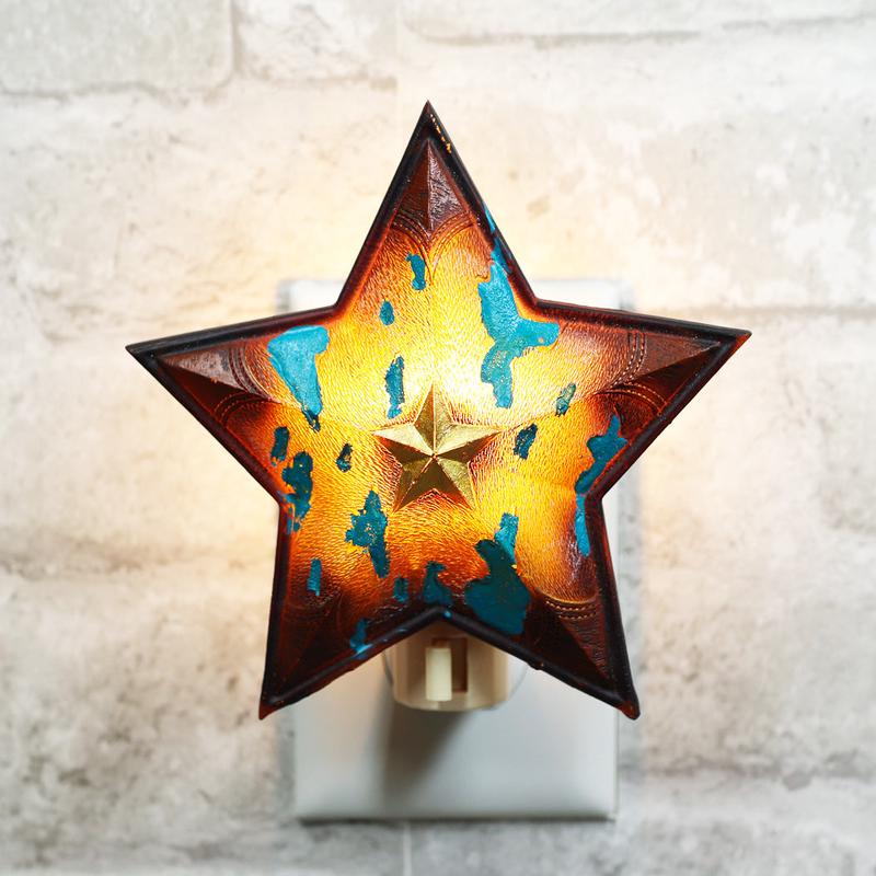 Rustic Cowboy Western Star Turquoise Cowskin Print Wall Plug In LED Night Light
