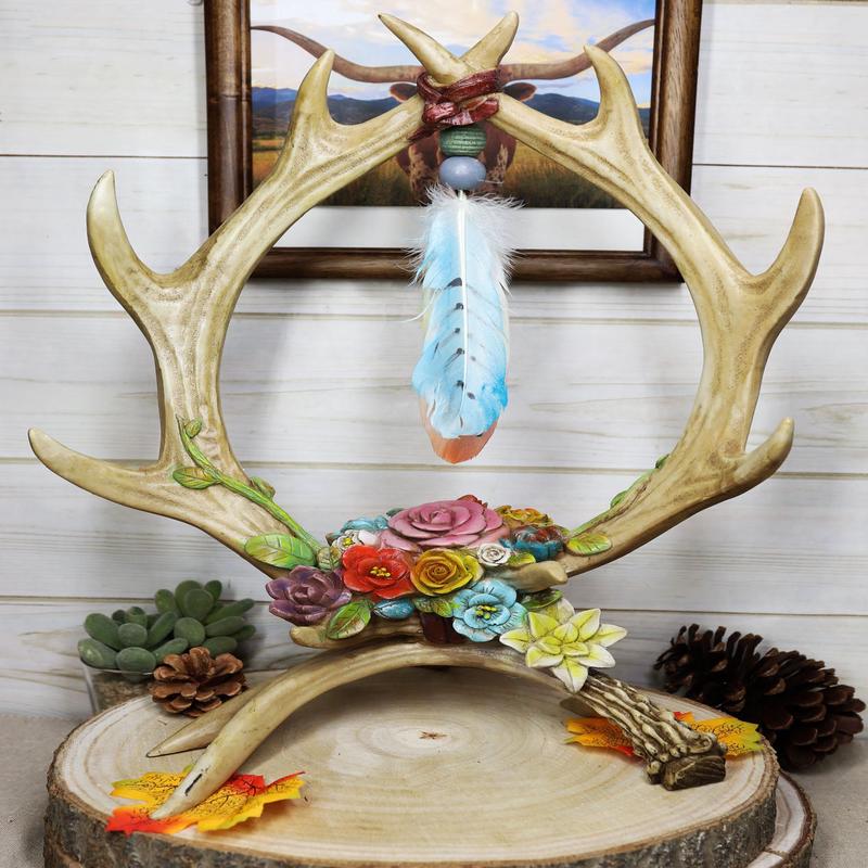Rustic Double Deer Antlers With Feathers And Flowers Jewelry Tree Figurine