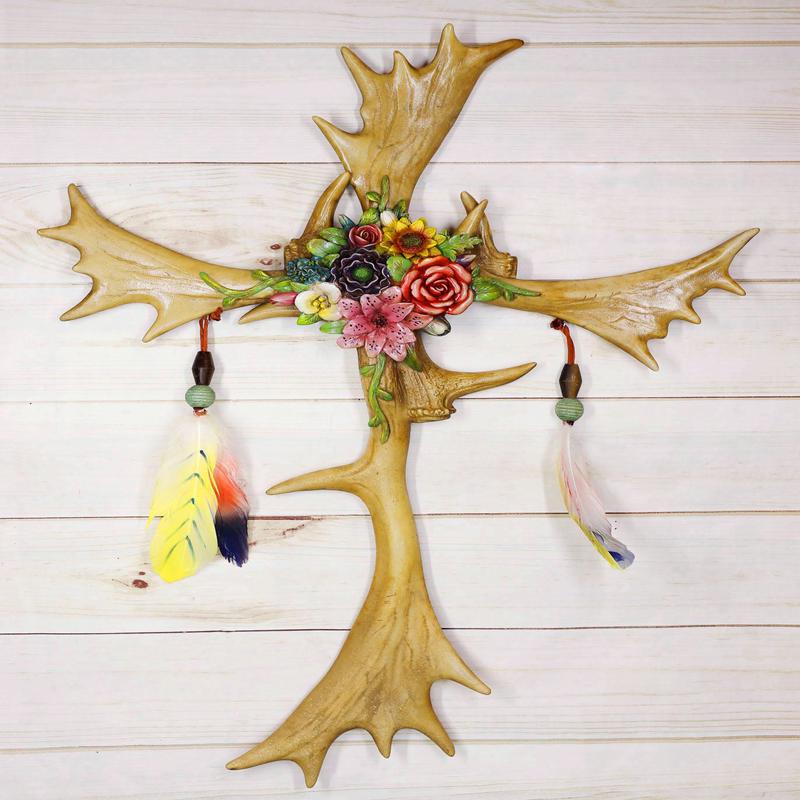 Rustic Elk Moose Bone Antlers Flowers Dreamcatcher Feathers Wall Cross Decor
