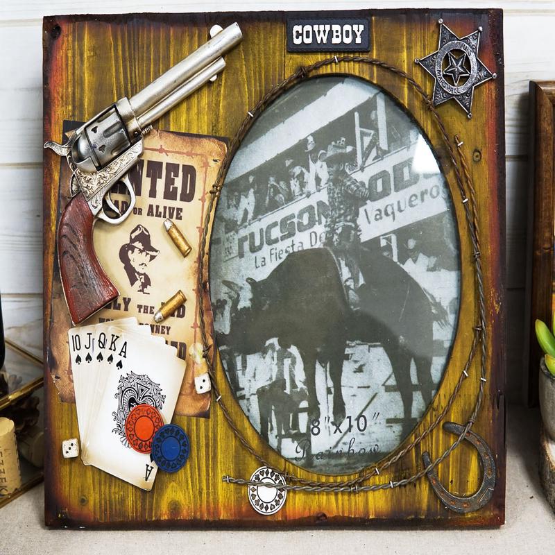 Rustic Western Cowboy Pistol Horseshoe Poker Cards Wooden 8"X10" Picture Frame