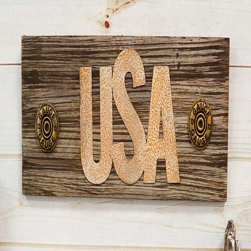 Rustic Western Patriotic USA Wooden Word Sign With Shotgun Shells Wall Decor