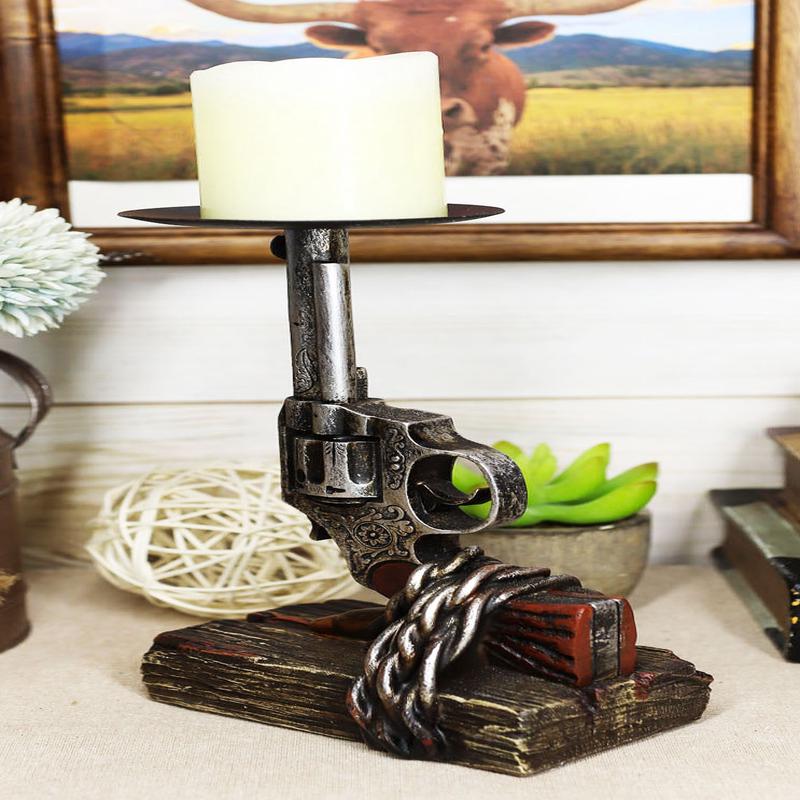 Rustic Western Six Shooter Revolver Gun With Scroll Art Pillar Candle Holder