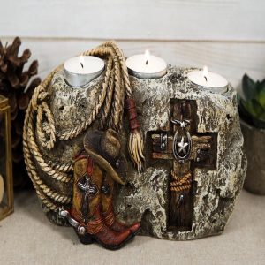 Rustic Western Stony Cowboy Hat Boot Rope Horseshoe Cross Votive Candles Holder