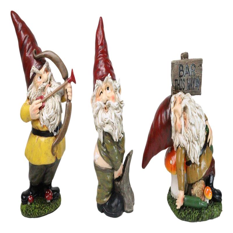Set of 3 Forest Mischief Bad Naughty Gnomes Drunk Peeing and Pranking Figurines