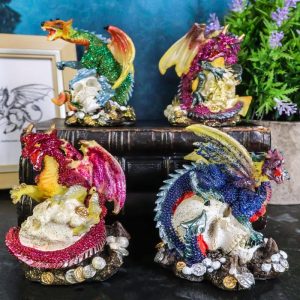 Set of 4 Metallic Red Green Pink Blue Dragons Crouching On Skulls Mini Figurines