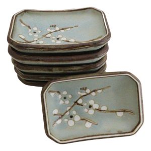 Set Of 6 Japanese Soushun Sakura Porcelain Soy Sauce Rectangular Dipping Bowls