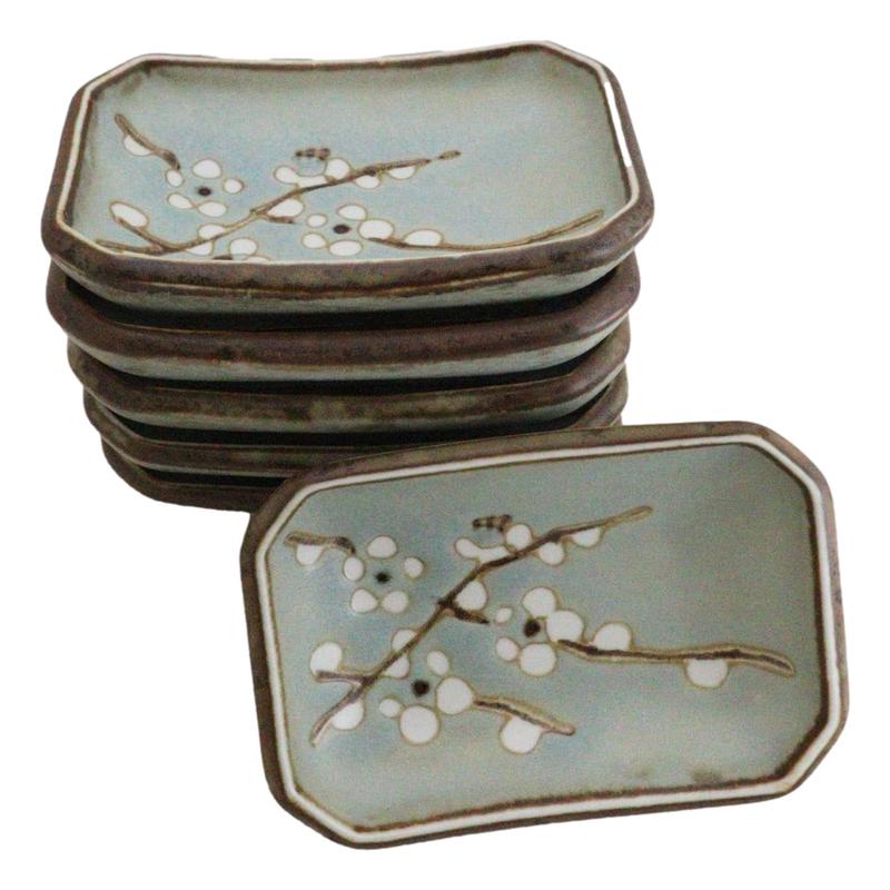 Set Of 6 Japanese Soushun Sakura Porcelain Soy Sauce Rectangular Dipping Bowls