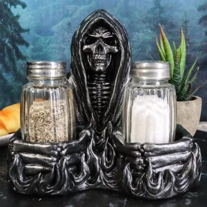 Soul Garnish Sitting Grim Reaper Skeleton Salt and Pepper Shakers Holder Set