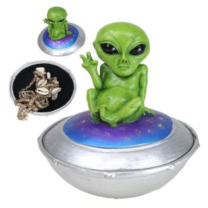UFO Green Extra Terrestrial Roswell Alien On Spaceship Trinket Box Figurine