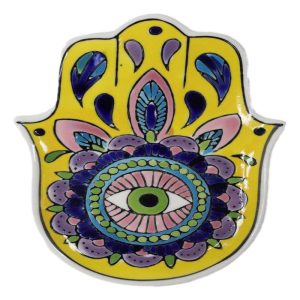 Yellow Chakra Hamsa Palm Mandala and Evil Eye Ceramic Dish Brass Incense Holder