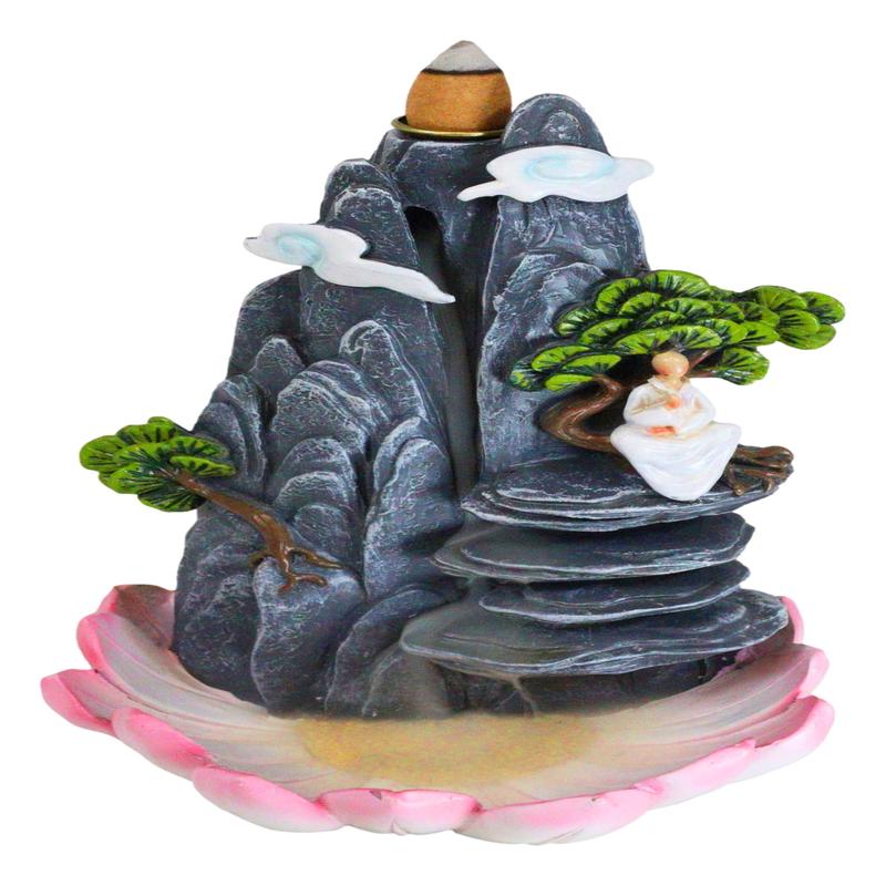 Zen Rocky Mountain Steppes With Monk On Giant Lotus Backflow Cone Incense Holder