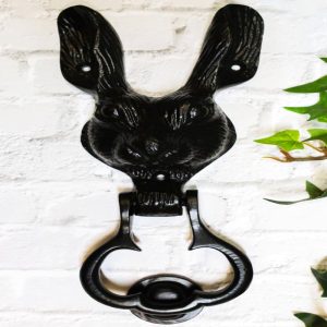 Black Coated Metal Rustic Whimsical Animal Bunny Rabbit Door Knocker Plaque