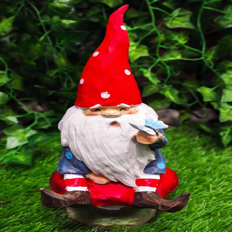 Camper Gnome Sitting On Toadstool Mushroom with A Bluebird Fairy Garden Figurine