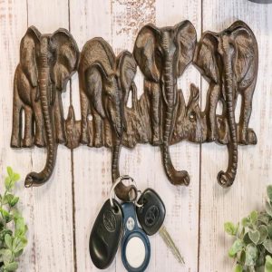 Cast Iron Rustic Safari Elephants With Long Trunks 4-Pegs Wall Hook Sculpture