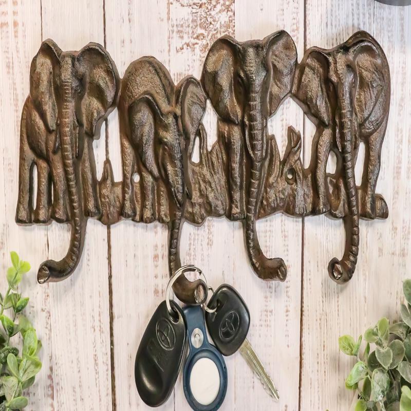 Cast Iron Rustic Safari Elephants With Long Trunks 4-Pegs Wall Hook Sculpture