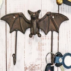 Cast Iron Rustic Vampire Dracula's Perch Flying Winged Bat 2-Pegs Wall Hook