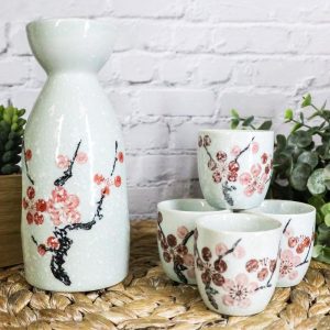 Ebros Japanese 12oz Ceramic Pink Cherry Blossom Sake Set Flask With Four Cups