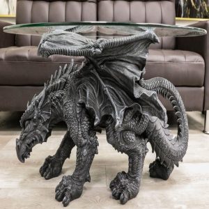 Faux Stone Medieval Gothic Prowling Dragon Sculptural Oval Coffee End Table
