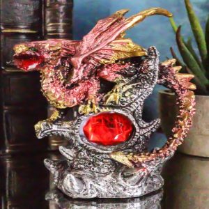 Fire Ember Dragon Guarding Weathered Tree of Life With Red Crystal Gem Figurine