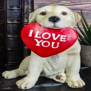 Labrador Puppy Dog Biting Red Heart I Love You Sign Figurine Pet Pal Animal Art