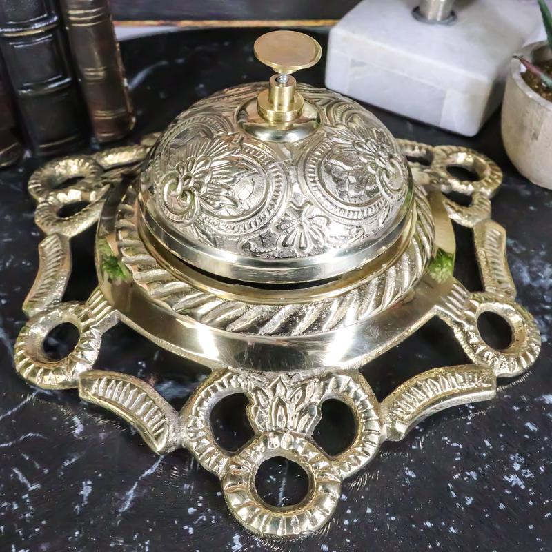 Large Vintage Antique Style Ornate Floral Victorian Brass Front Desk Hotel Bell