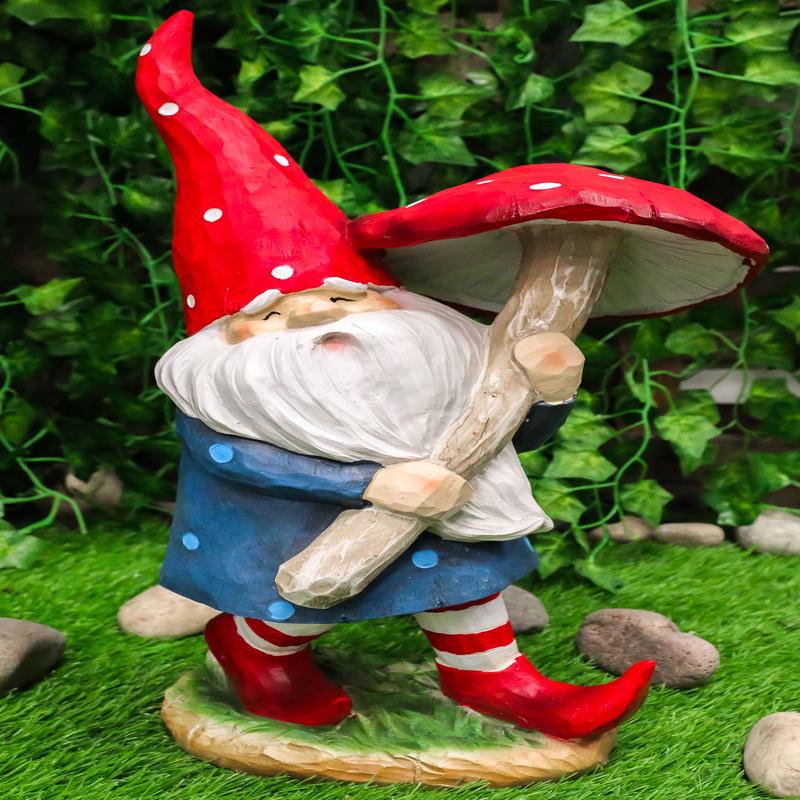 Large Whimsical Garden Gnome With Giant Toadstool Mushroom Umbrella Figurine