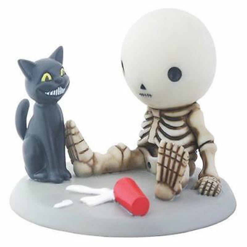 Little Skeleton Boy Lucky with Spilled Milk and Cat Dcor Figurine