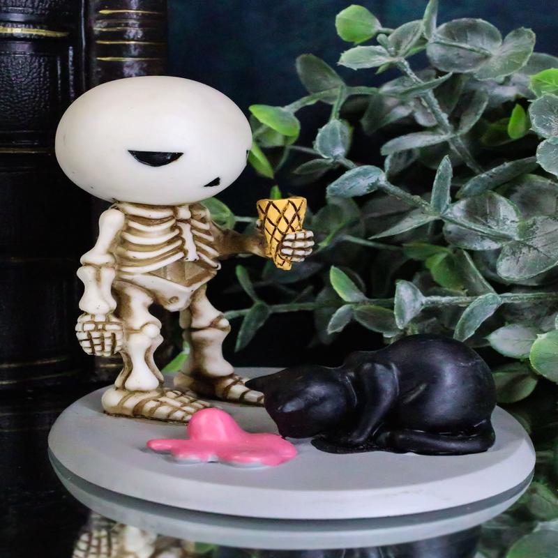 Lucky The Skeleton Boy Dropping His Ice Cream By Mystical Black Cat Figurine