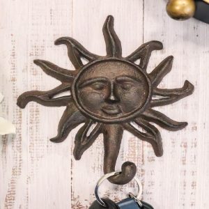 Pack Of 2 Cast Iron Western Rustic Belenos Sun God Shaped Wall Coat Hooks Decor