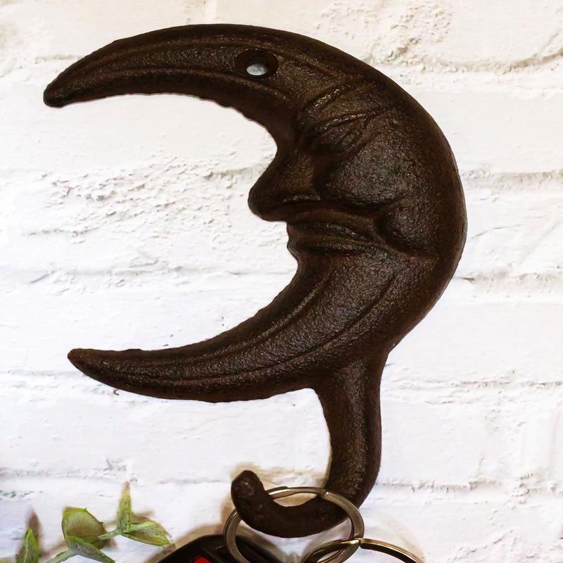 Pack Of 3 Rustic Cast Iron Celestial Half Crescent Moon With Face Wall Hooks