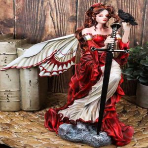 Raven Crow Crimson Red Fairy With Raven Crow Holding Sword Letter Opener Statue