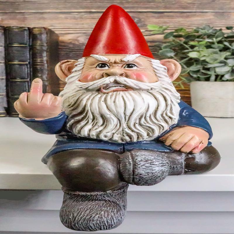 Rude Old Mr Gnome Dwarf Flipping The Bird Ledge Shelf Mantle Sitter Figurine