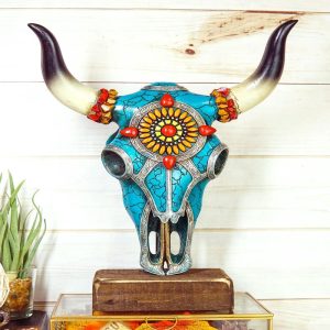 Rustic Western Aztec Mosaic Turquoise Cow Steer Bull Skull Desktop Sculpture