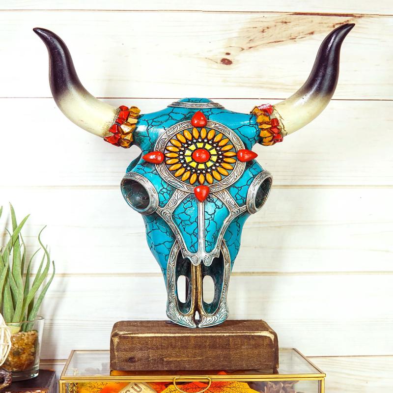 Rustic Western Aztec Mosaic Turquoise Cow Steer Bull Skull Desktop Sculpture