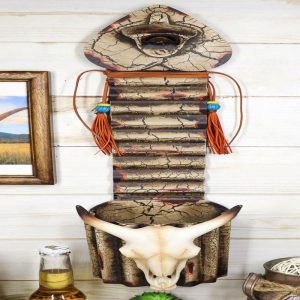 Rustic Western Beaded Bull Cow Skull Bottle Cap Opener With Bucket Catch 21"H