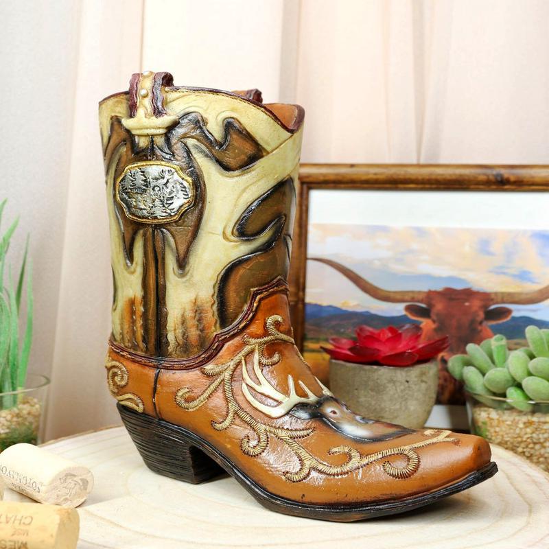 Rustic Western Deer Antlers And Stag Bust Cowboy Floral Art Boot Vase Sculpture