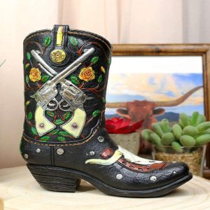 Rustic Western Roses 2 Pistols Horseshoe Cow Skull Cowboy Boot Piggy Money Bank