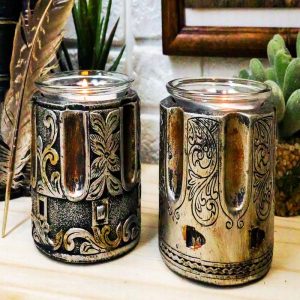 Set of 2 Rustic Western Pistol Bullet Barrel Votive Tea Light Candle Holders