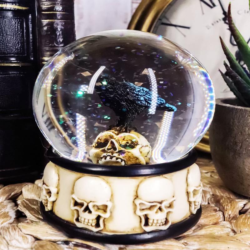 Small Gothic Day Of The Dead Edgar Allan Poe Raven On Skull Glitter Water Globe