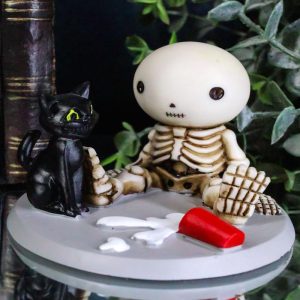 Unfortunate Skeleton Boy Lucky Sitting By Spilled Milk And Black Cat Figurine