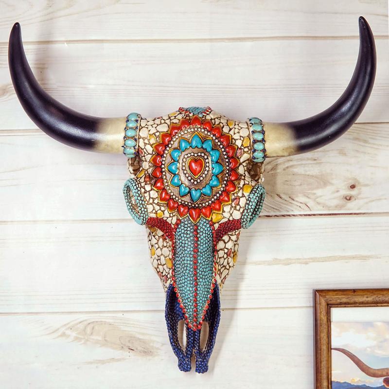 Western Bison Steer Bull Cow Skull With Floral Turquoise Rocks Beads Wall Decor