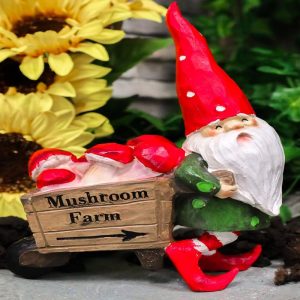 Whimsical Farmer Gnome Pulling Farm Mushrooms Wheelbarrow Fairy Garden Figurine