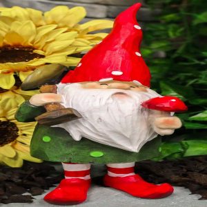 Whimsical Green Thumb Gnome Planting Toadstool Mushroom with Shovel Figurine